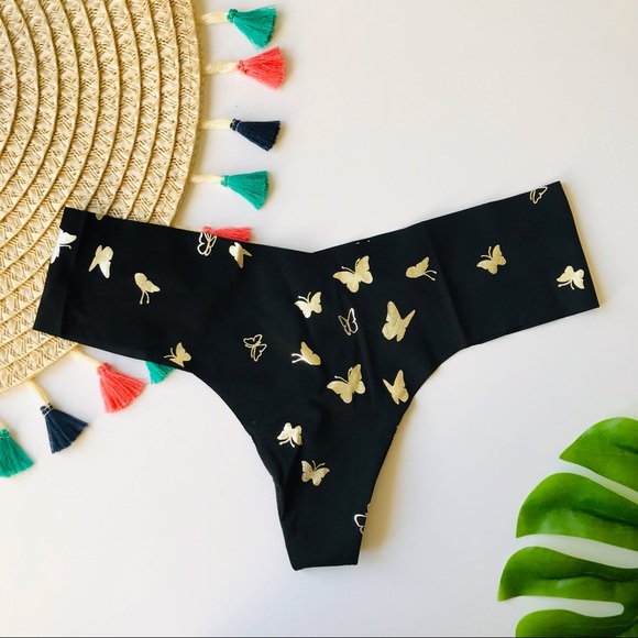 Victoria’s Secret No Show Shimmer Thong Panty Black Butterfly Medium NEW - Picture 3 of 6